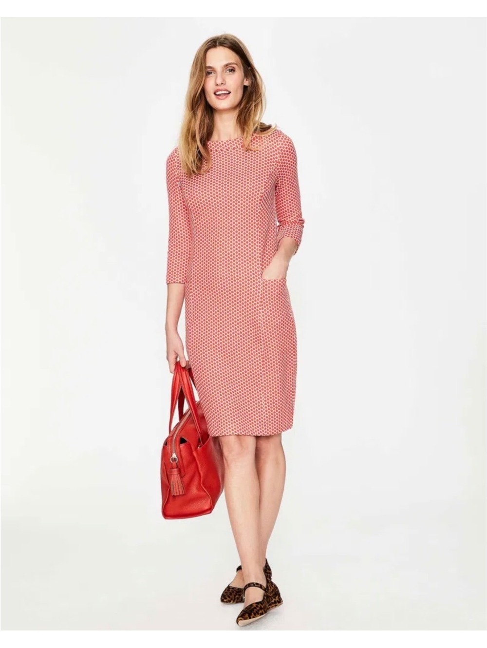 Boden Shift Dress US 8R Coral Red White Honeycomb Geometric Jacquard Pockets